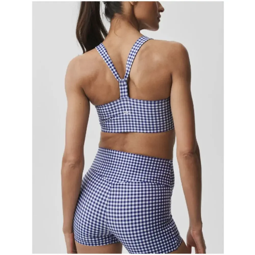 Alo Yoga Airlift Gingham Sleek Bra Tank Navy Size M